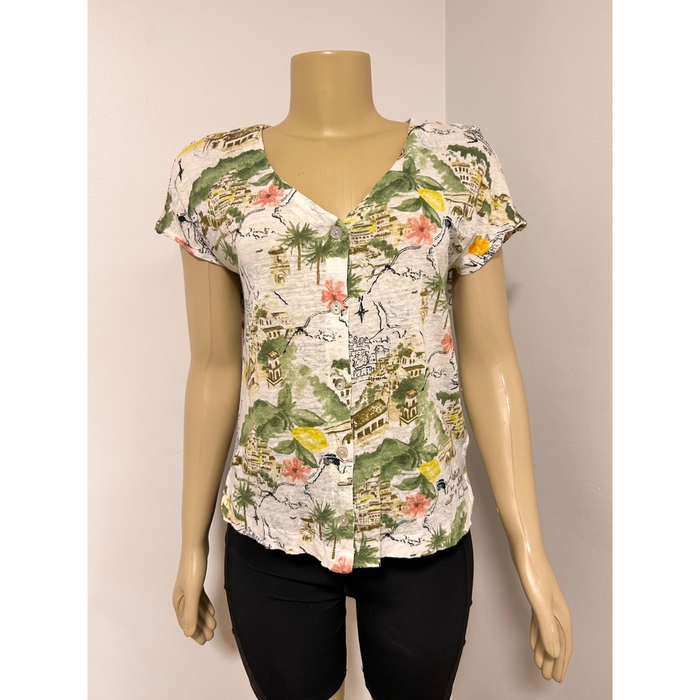 Cynthia Rowley Womens 100% Linen Amalfi Coast Map Print Button Front Top Small